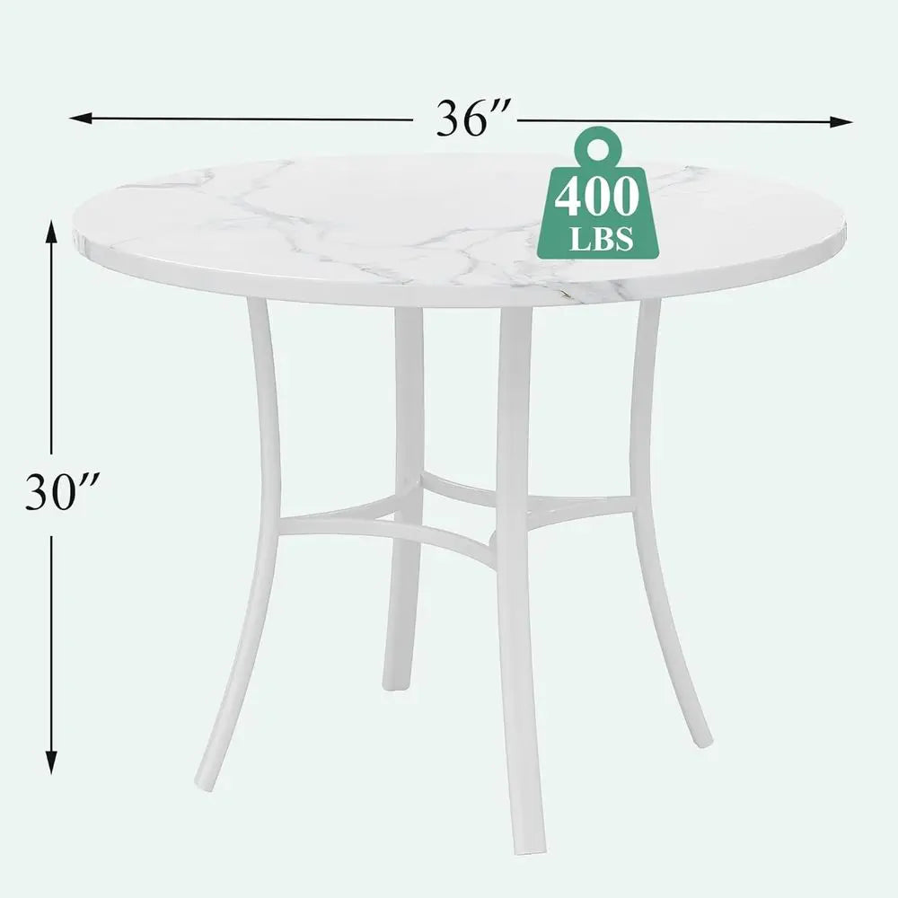 36" Round Dining Table or 4, aux Marble Dinette with Metal e or Kitchen, Aparent, Home, Space-Saving, O White