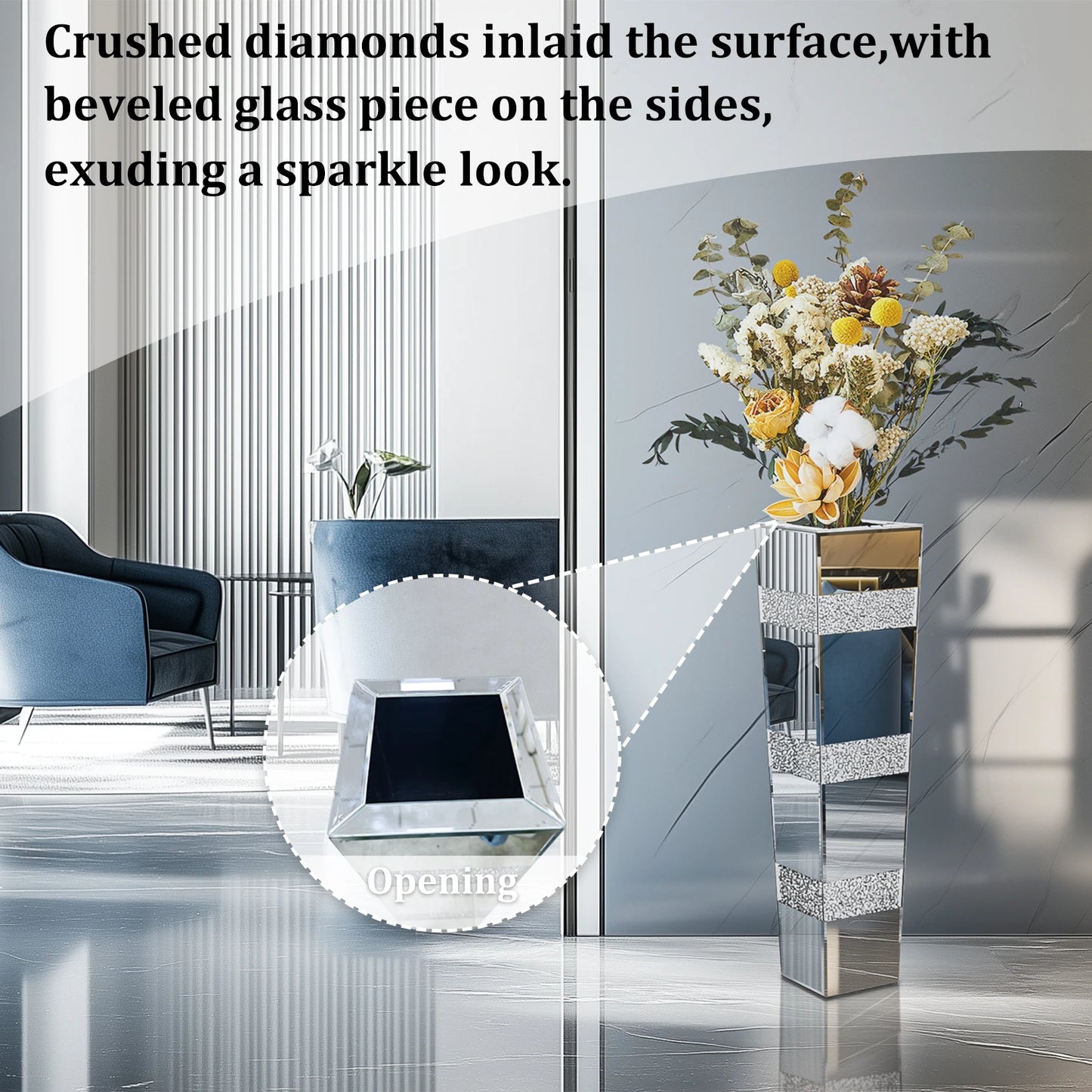 Tall Floor Flower Vase Crystal Diamond Decor Vase Mirrored Living Room Vase