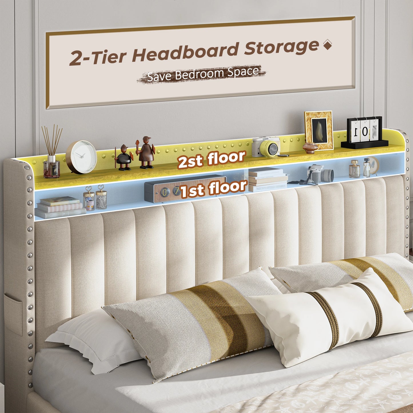 EnHomee Full/Queen/King Bed Frame with 3 Drawers & 2-Tier Storage Headboard,Upholstered Platform Bed Frame, No-Noise