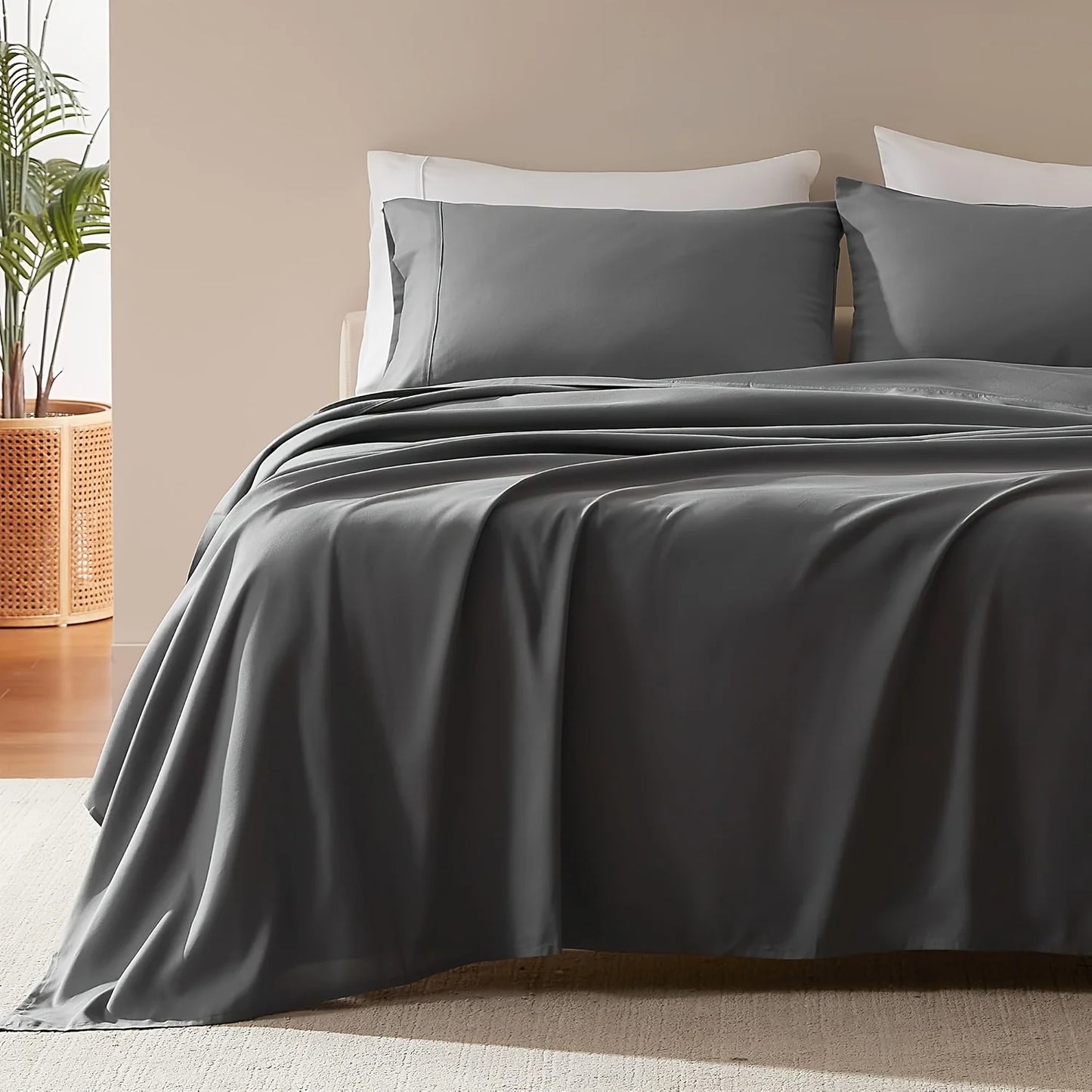 Cooling Bed Sheet King Sets Suitable for Hot Sleepers - Luxurious Ultra-Soft Bamboo Blend Sheets with Deep Fitted Base, King & Queen Size Cooling Bedding for Heavy-Sided Mattresses, Machine Washable (Pink/Grey), Christmas Dec