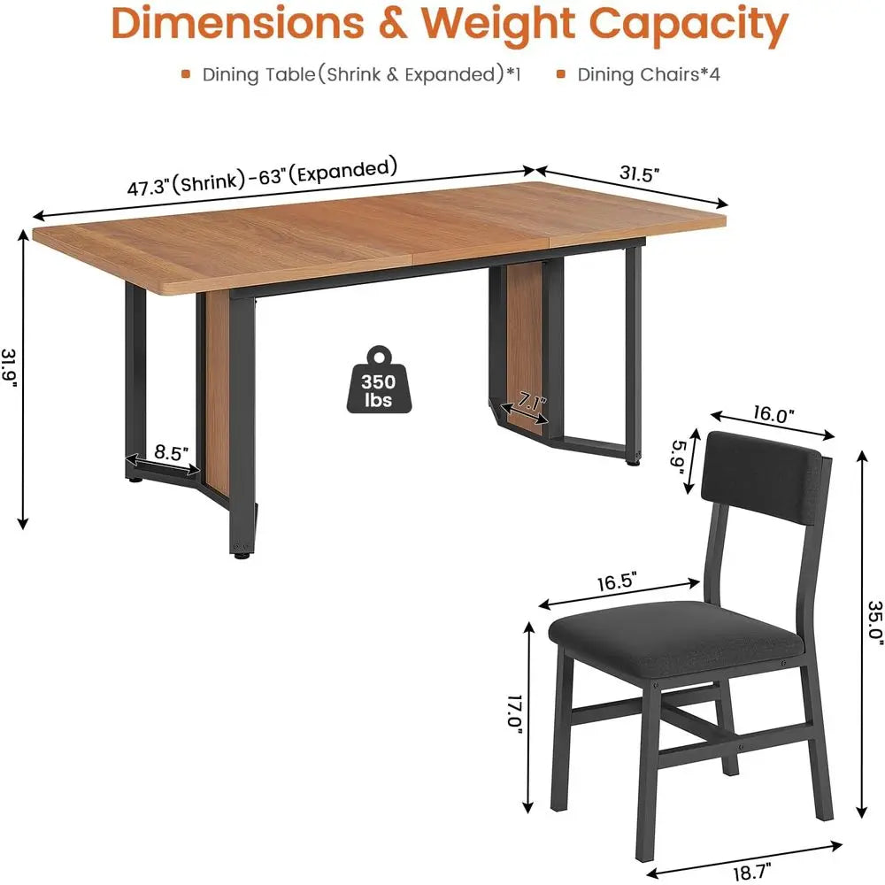 5-Piece Dining Table Set or 4-6 People, 63" Exble Kitchen Table and 4 Cushion Chairs, Dining Room Table with MD Board & Metal e