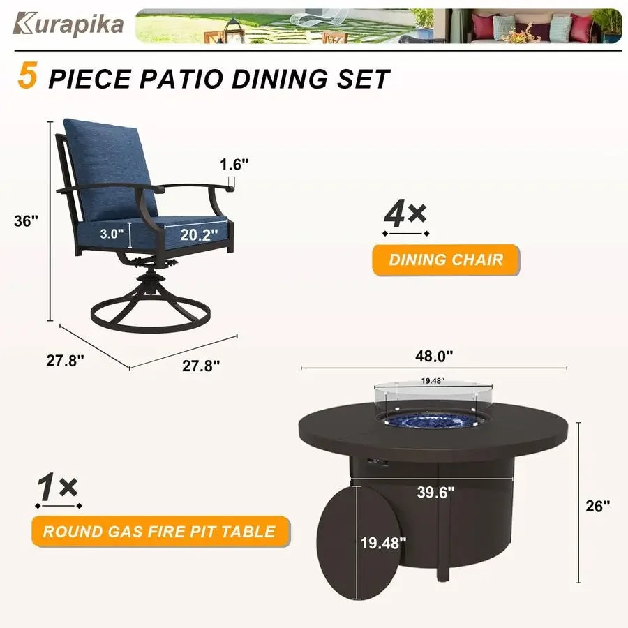 5 Piece Metal Outdoor Patio Furniture Set with Round Fire Pit Table, Patio Conversation Sets 4 Swivel Chairs with Thick Cushion