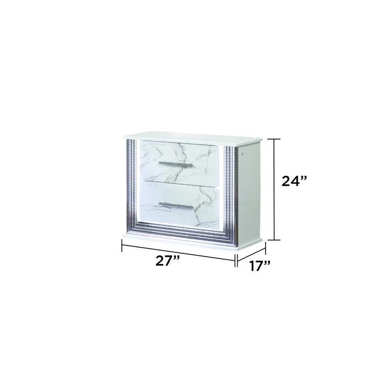 White & Marble 5-Piece Bedroom Set with LED Bed, Storage Footboard, Dresser, Mirror, Nightstand, Chest, Metallic Finish