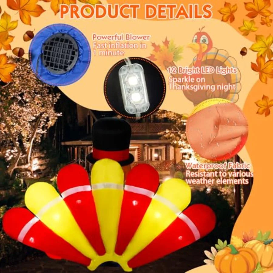 Thanksgiving Outdoor Inflatable Turkey Decoration, Vinyl, Brown, 7.5FT Tall With Built-in LED Light For Lawn And Indoor Use