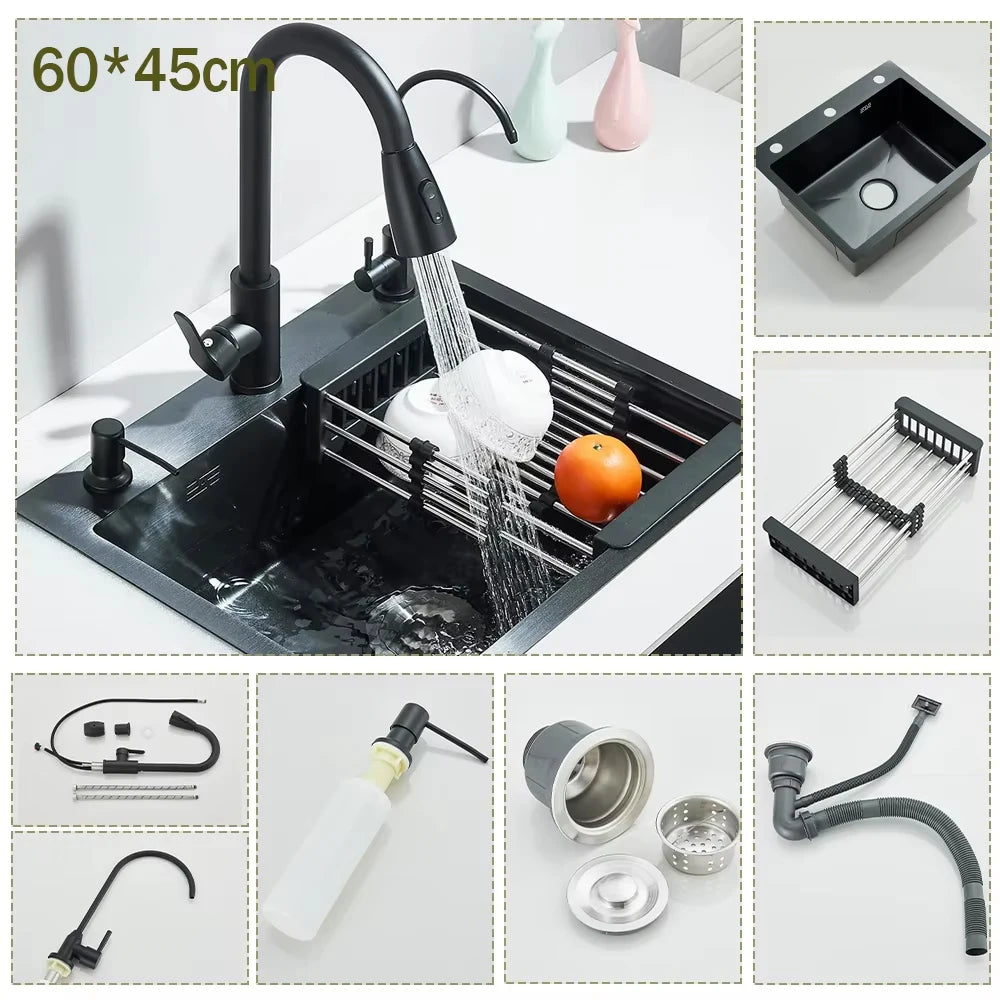 Stainless Steel Kitchen Sink Large Integrated Faucet Sink Dish Basin With Drain Basket Soap Dispenser/Pure Water/Cup Washer