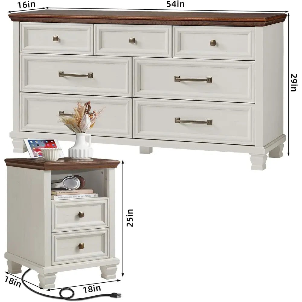 3-Piece Rustic White Wood Bedroom Furniture Set: 7-Drawer Dresser & 2-Drawer Nightstands