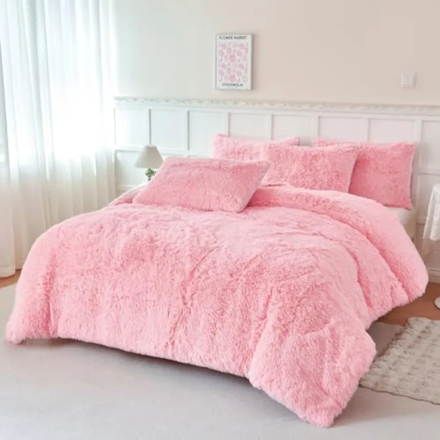 3 Pieces Plush Comforter Sets Full Size Soft Long Faux Fur Shaggy Girls Bedding Set Warm Velvet Fluffy Fuzzy Bed Set for Teens