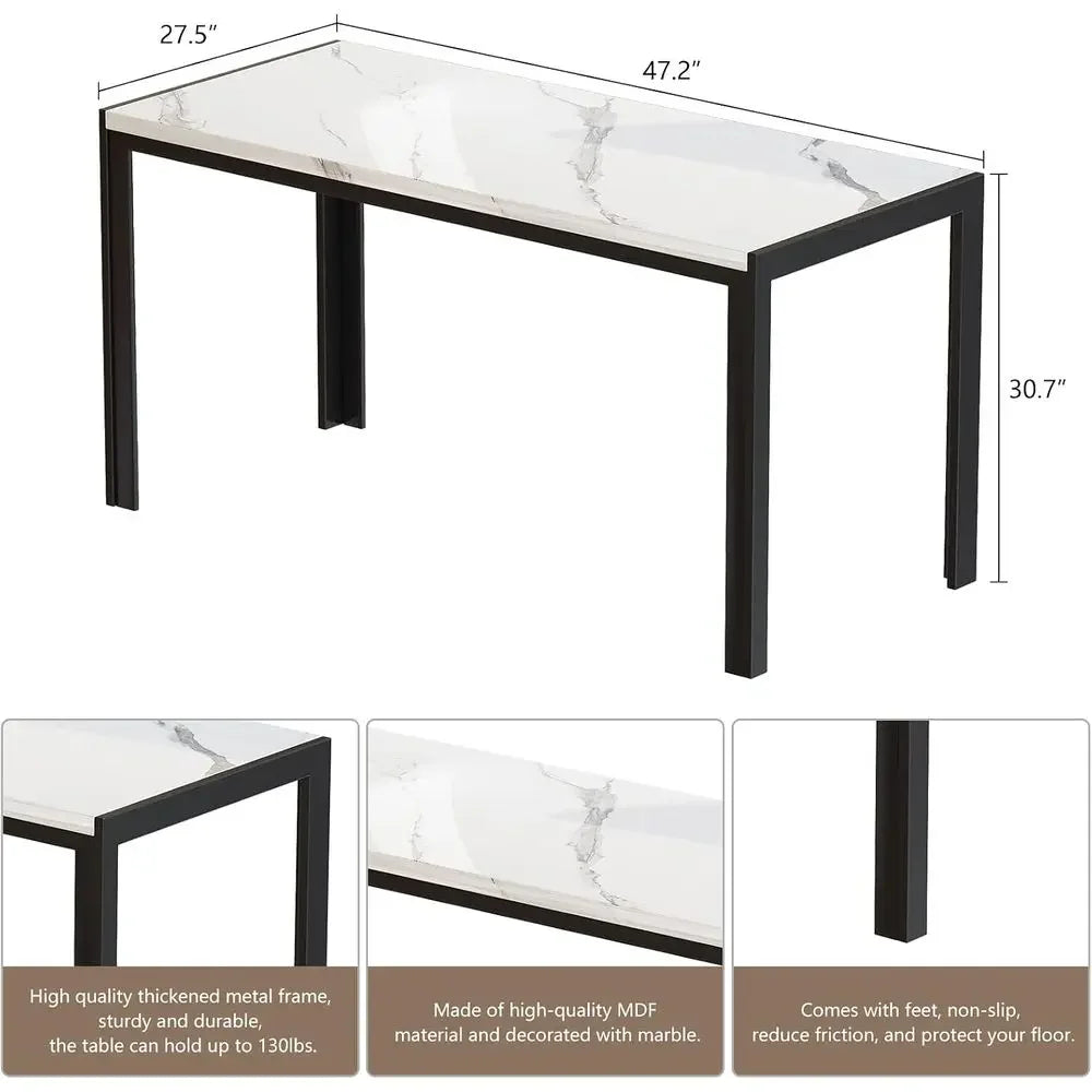 Dining Room Table Set with 2 Benches, Dining Table Set or 4-6, Dinner Table Set or 4, aux Marble Breakast Table Set & PU Leather