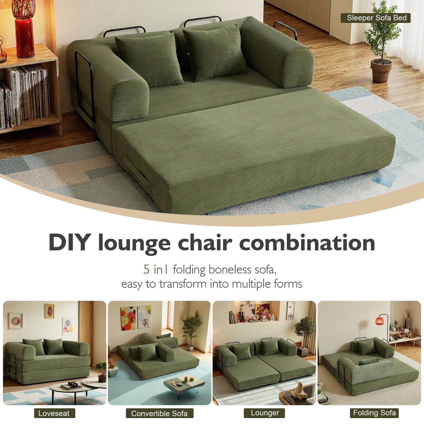59" 4-in-1 Cloud Boneless Convertible Floor Sofa Bed,High-Density Sponge & Corduroy Fabric Futon Daybed for Living Room Bedroom