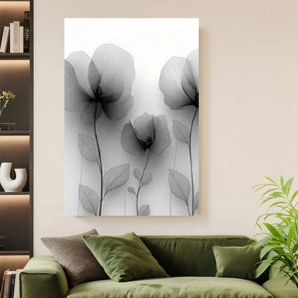 2D Flat, Modern Black & White Abstract Line Flower - Black & White Wood Framed Canvas Wall Art With Wrap-Around Frame, Minimalis