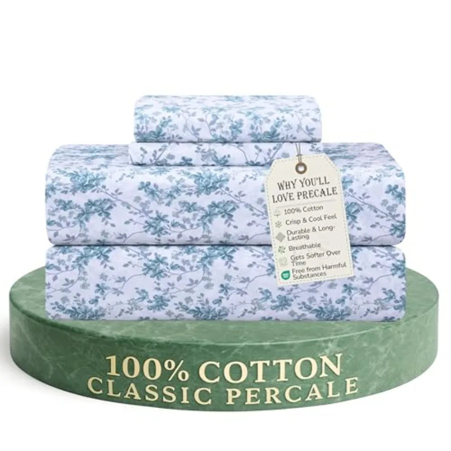 Feather and Stitch Softest 100% Cotton Sheets 300 Thread Count Percale Weave Bedding 16" Deep Pocket Cooling Sheets Breathable