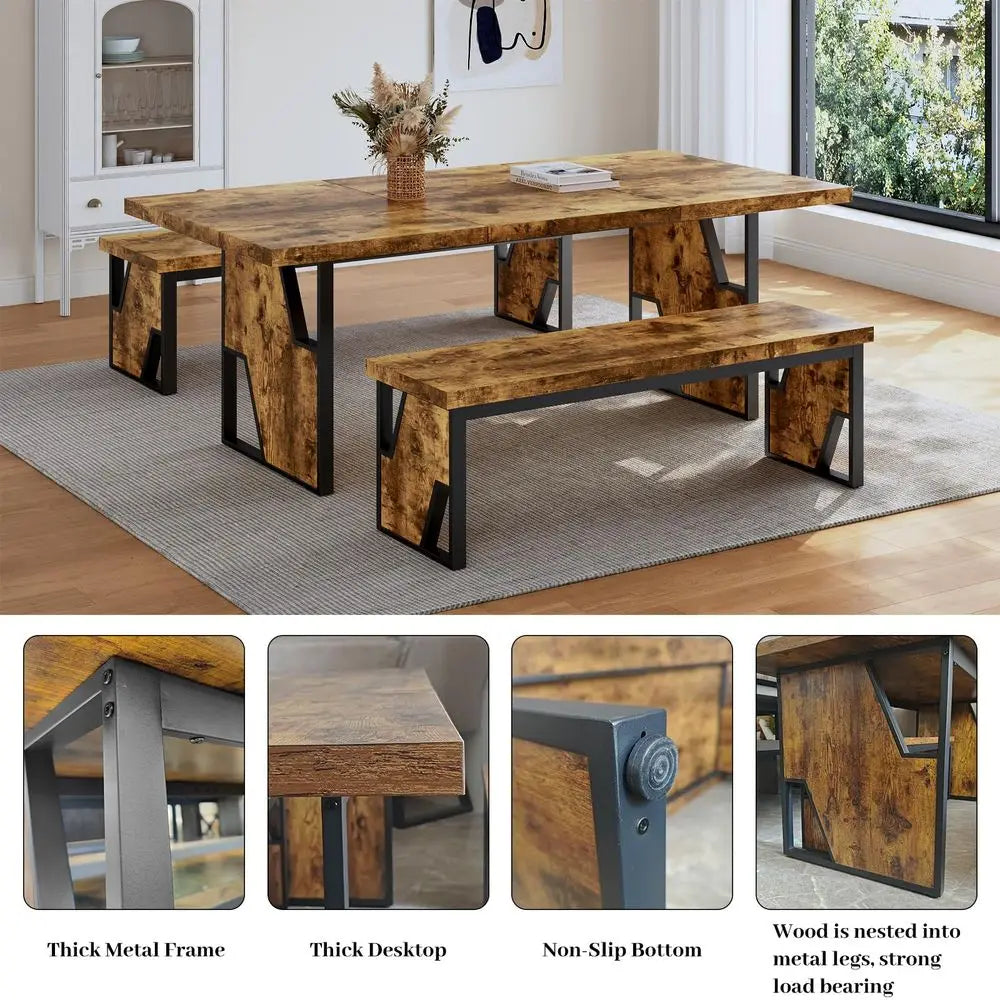 60 Solid Wood Dining Table Set for 6, Farmhouse Kitchen Table with 4 Upholstered Chairs amp Bench, 6Piece Dining Room amp Livin