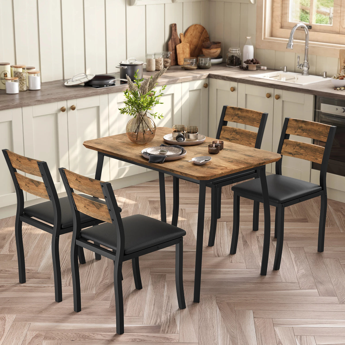 Square Dining Table Set for 4,5-Piece Kitchen Table Set,Farmhouse Compact Kitchen Table with 4 Upholstered Chairs & Metal Frame, Perfect for Small Spaces, Kitchens & Dining Rooms
