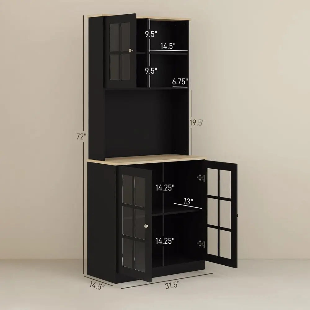 Kitchen Pantry Storage Cabinet, 72 Freestanding Cabinet with Hutch, Large Countertop, Glass Doors and Adjustable Shelves for Di