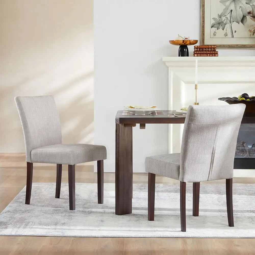Gray Upholstered Dining Chairs with Low Backrest, Set of 2, Performance Fabric, Wooden Legs