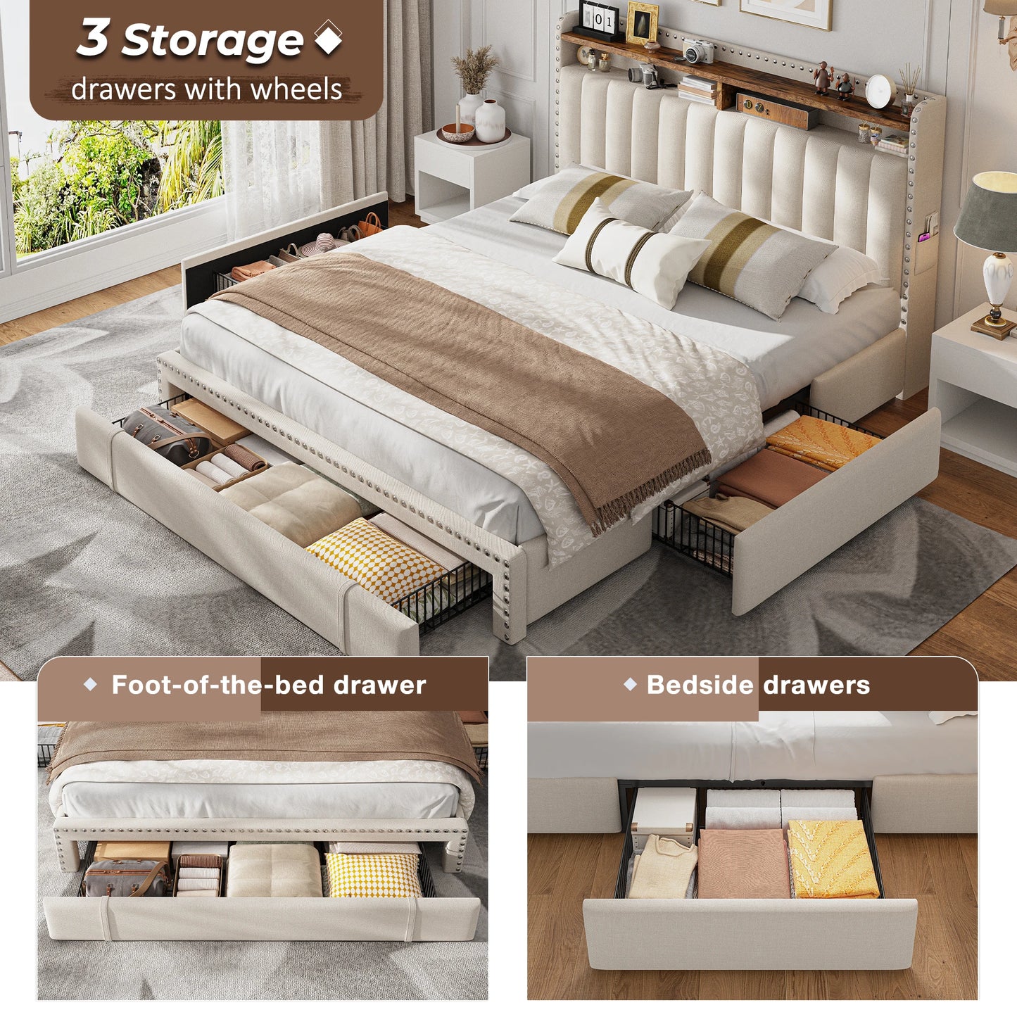EnHomee Full/Queen/King Bed Frame with 3 Drawers & 2-Tier Storage Headboard,Upholstered Platform Bed Frame, No-Noise