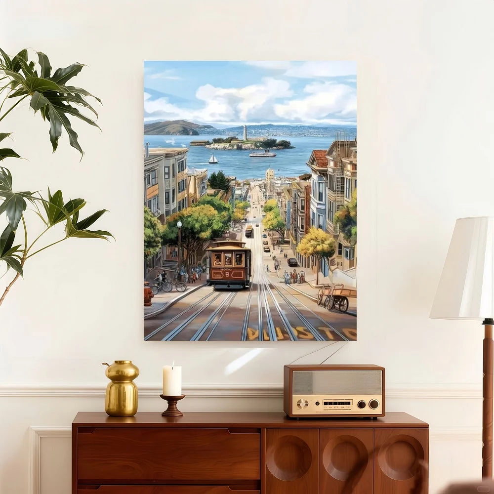 Framed 2D Flat 1pc San Francisco Cable Car Canvas - Modern Minimalist Poster With En Gate Bridge & Cable Cars, Wrapped Canvas Fr