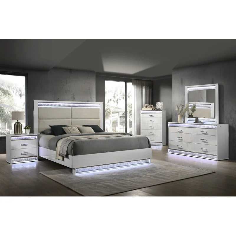 White Wood Queen Bedroom Set with LED Headboard, Modern Glam Design, 5-Piece
