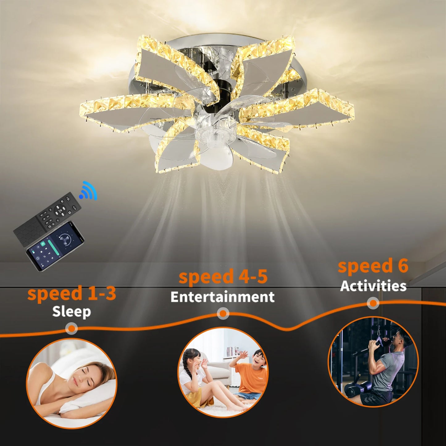 GreeLustr Modern Ceiling Fan Light Led Lamp Smart APP RC Luxury Crystal Chandelier Home Decor Appliance Fixture Living Dining