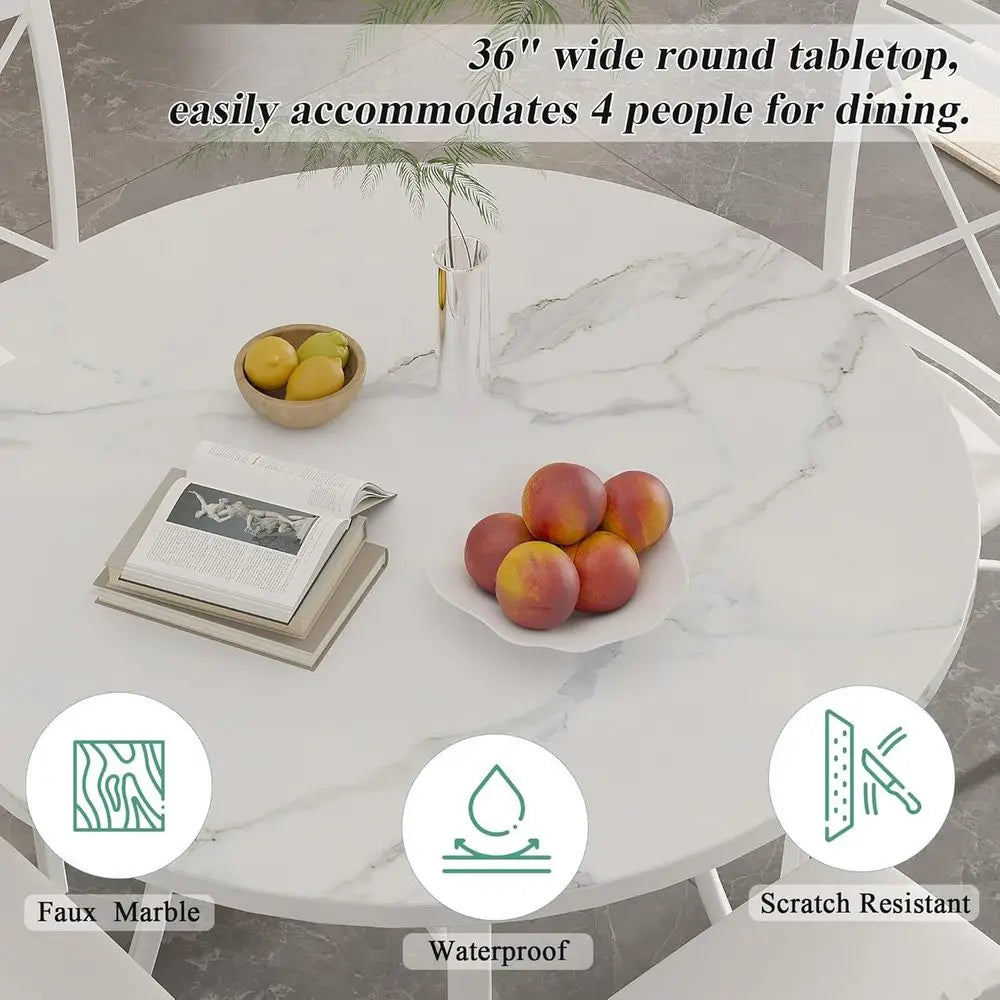 36" Round Dining Table or 4, aux Marble Dinette with Metal e or Kitchen, Aparent, Home, Space-Saving, O White