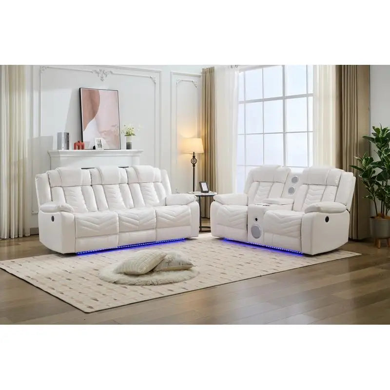2-Piece Power Reclining Sofa Set, Tech Leather Power Reclining Loveseat with Wireless Charger and LED Strip for Living Room,