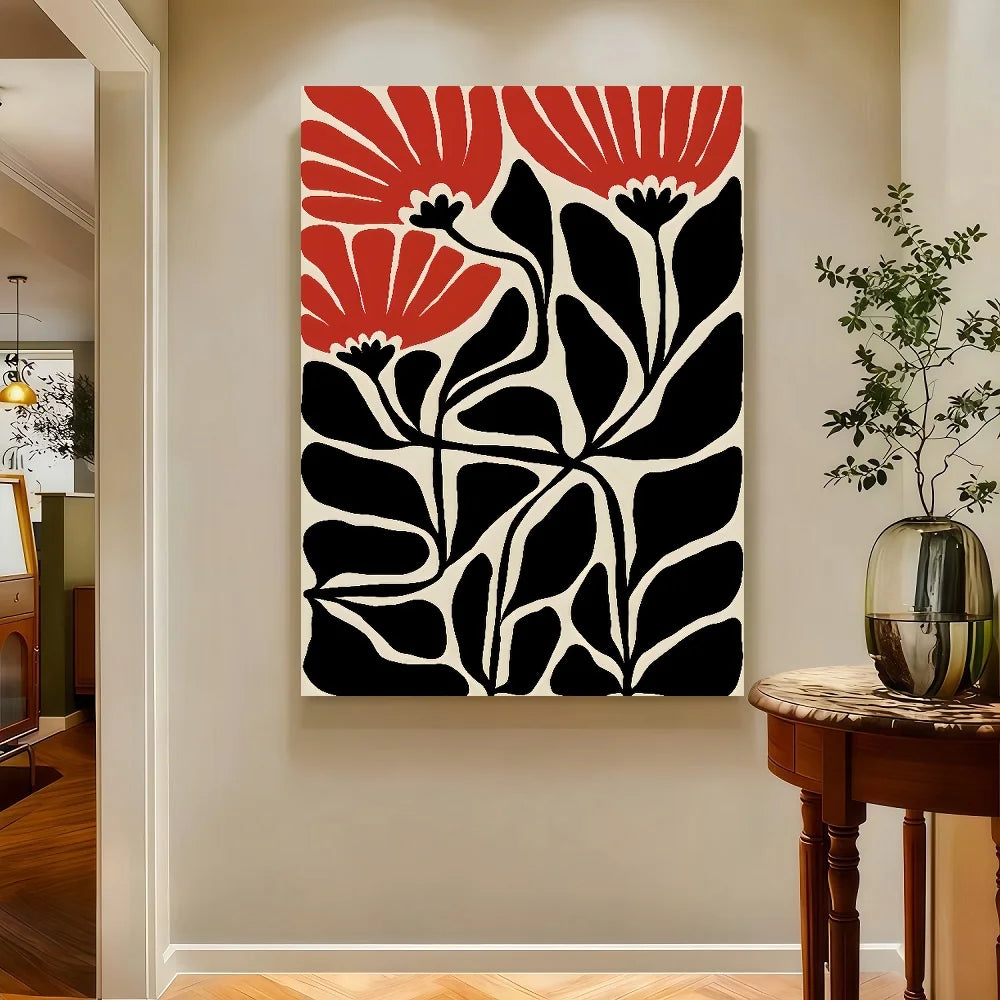 1pc Vibrant Boho Wall Art Print – Modern Canvas Decor With Wooden Frame, Black & Orange Floral Design, Perfect For Home Office O