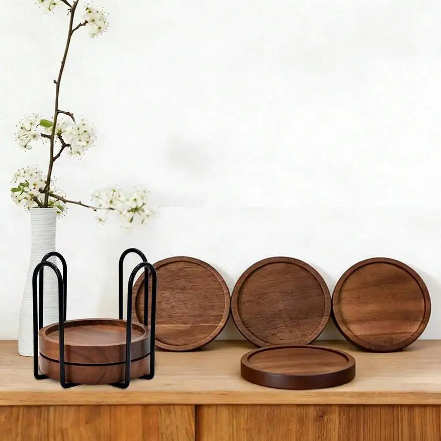 Wood Cork Absorbent Drink Coasters With Holder, Acacia Wood Rustic Farmhouse Coaster Set Of 6 For Coffee Table, Dining Table,