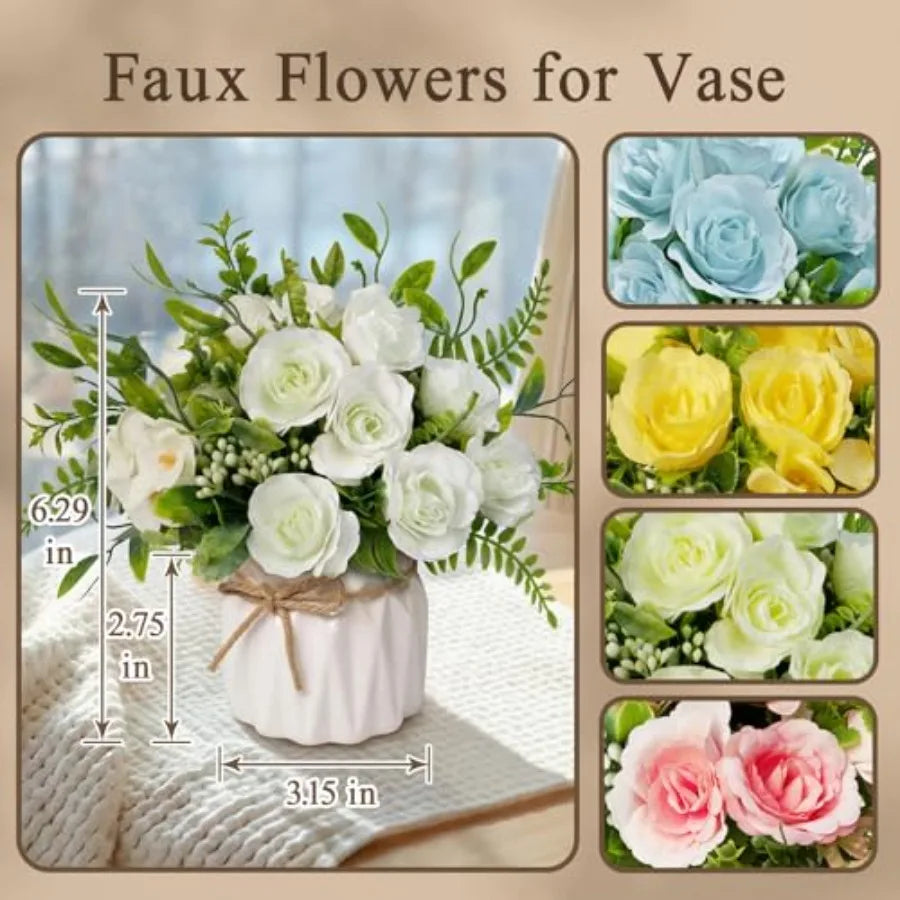 Faux Flowers with Vase, Artificial Silk Rose in Vase Silk Rose Artificial Flowers with Vase for Coffee Table Decor, Living Room
