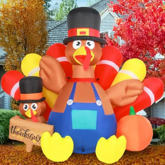 Thanksgiving Outdoor Inflatable Turkey Decoration, Vinyl, Brown, 7.5FT Tall With Built-in LED Light For Lawn And Indoor Use