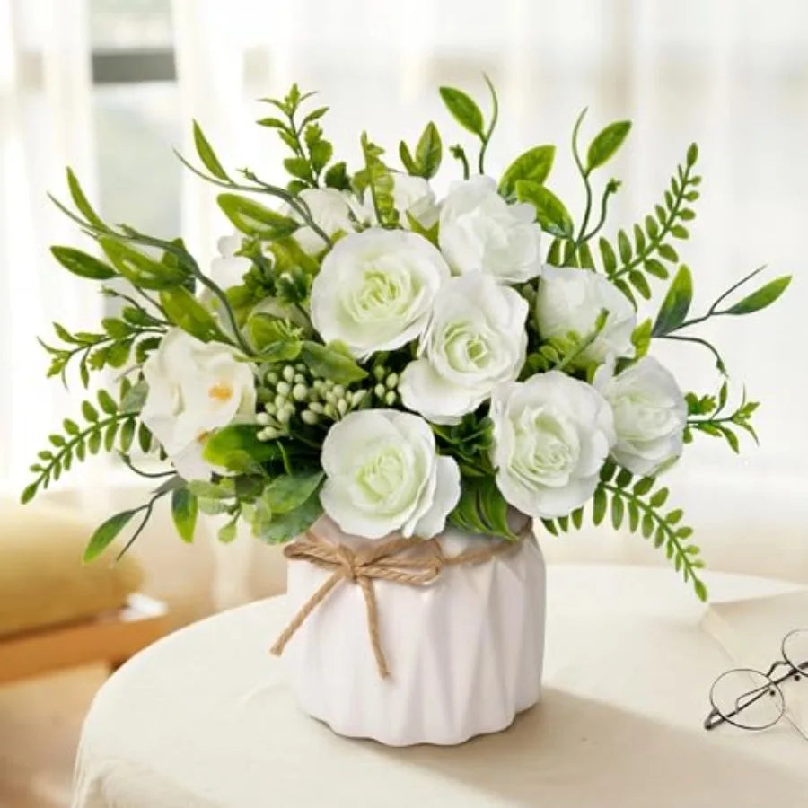 Faux Flowers with Vase, Artificial Silk Rose in Vase Silk Rose Artificial Flowers with Vase for Coffee Table Decor, Living Room