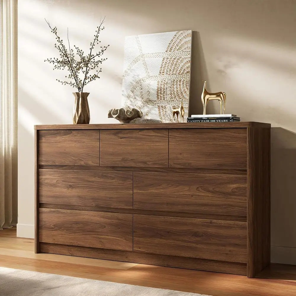 Walnut 3-Piece Bedroom Set with 55 Wide 7-Drawer Dresser, 2 Nightstands, USB Ports & Type C Charging Stations