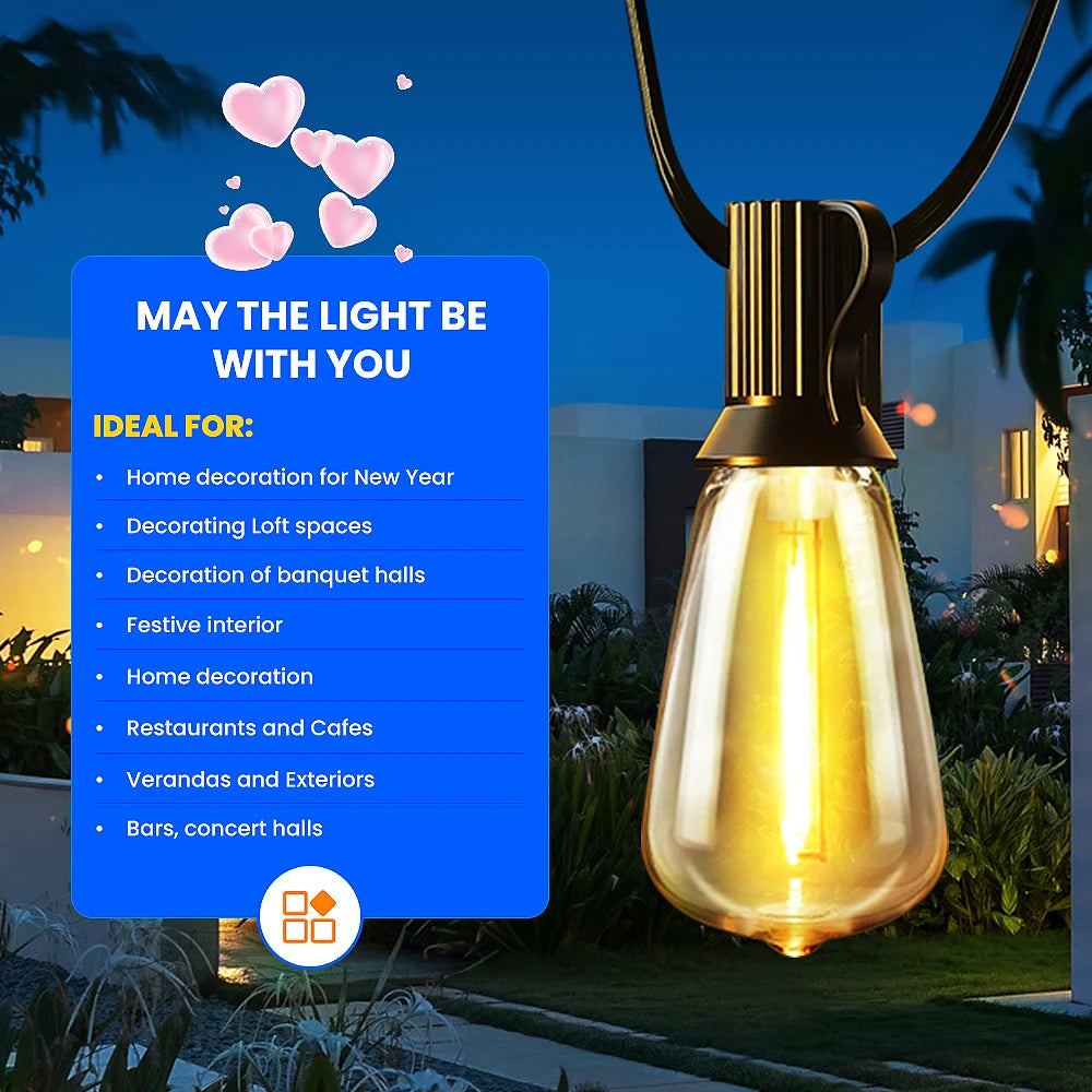 50ft/100ft/25ft LED Outdoor String Lights - 2200K, Shatterproof ST38 Bulbs, Warm White for Garden, Porc