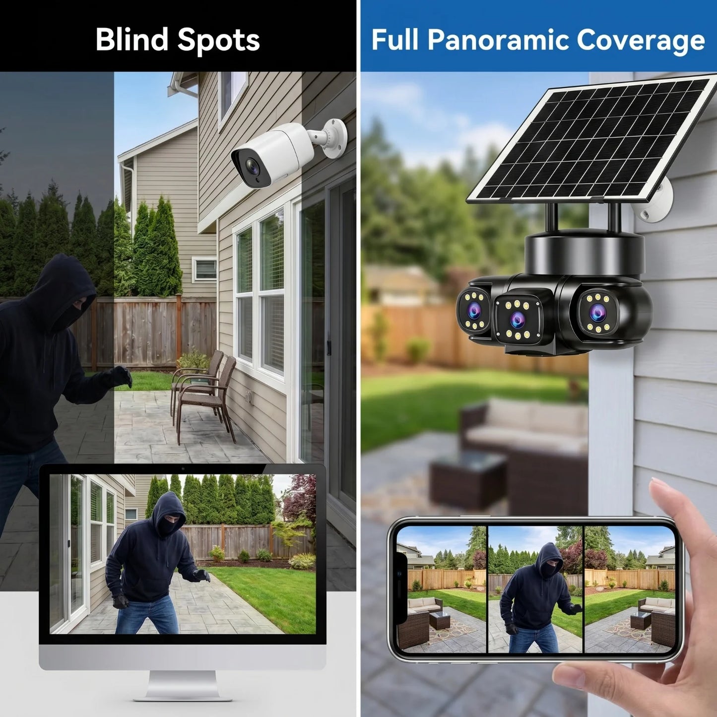 4G WiFi Dual Mode Solar Security Camera 4 Lens Triple Screen 360° Rotation Outdoor Wireless Waterproof Motion Alert Surveillance Cam
