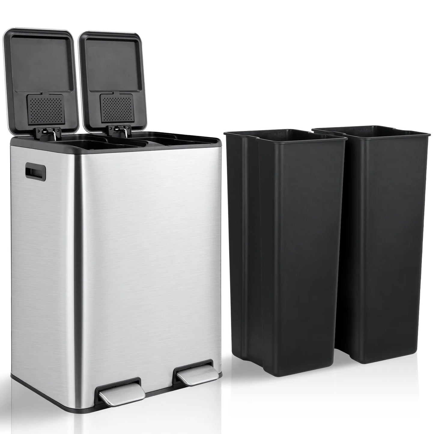 60L/16 Gal Dual Trash Can Stainless Steel Step Garbage Can w/Built-in Filter Box Kitchen Garbage Bin Recycle Waste Dustbin