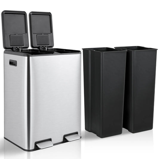 60L/16 Gal Dual Trash Can Stainless Steel Step Garbage Can w/Built-in Filter Box Kitchen Garbage Bin Recycle Waste Dustbin