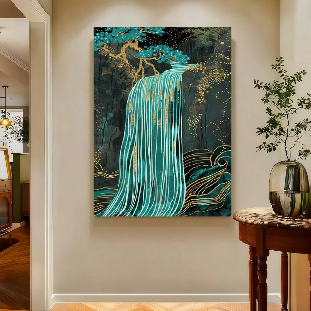 Framed Flat, 1pc Modern Abstract Waterfall Forest Wall Art - Vertical Teal Golden Framed Canvas, Stretched Wrap-Around Suitable