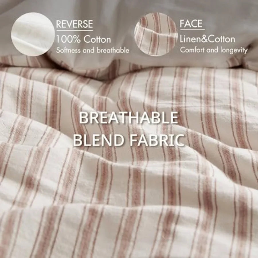 Duvet Cover Set for Hot Sleepers - Linen Cotton Rayon Blend Size 3 Pcs Set with Shams - Lightweight and Breathable Bedding Stri