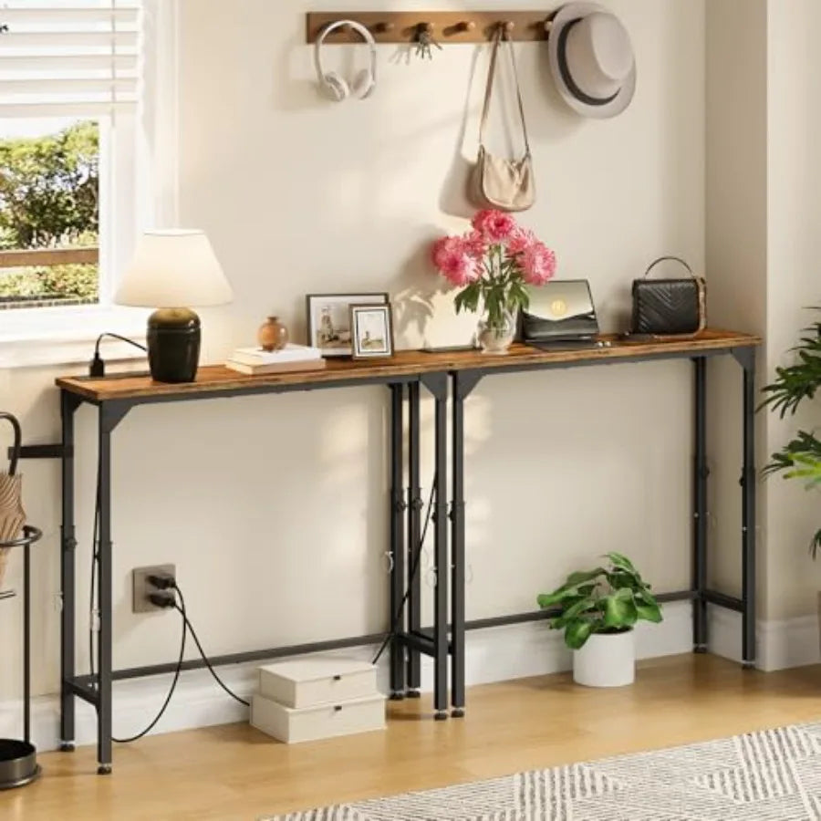 Narrow Console Table with Adjustable Height ."-9.9" Set of Behind Couch Table Entryway Table with Power Outlet Sofa Table for E