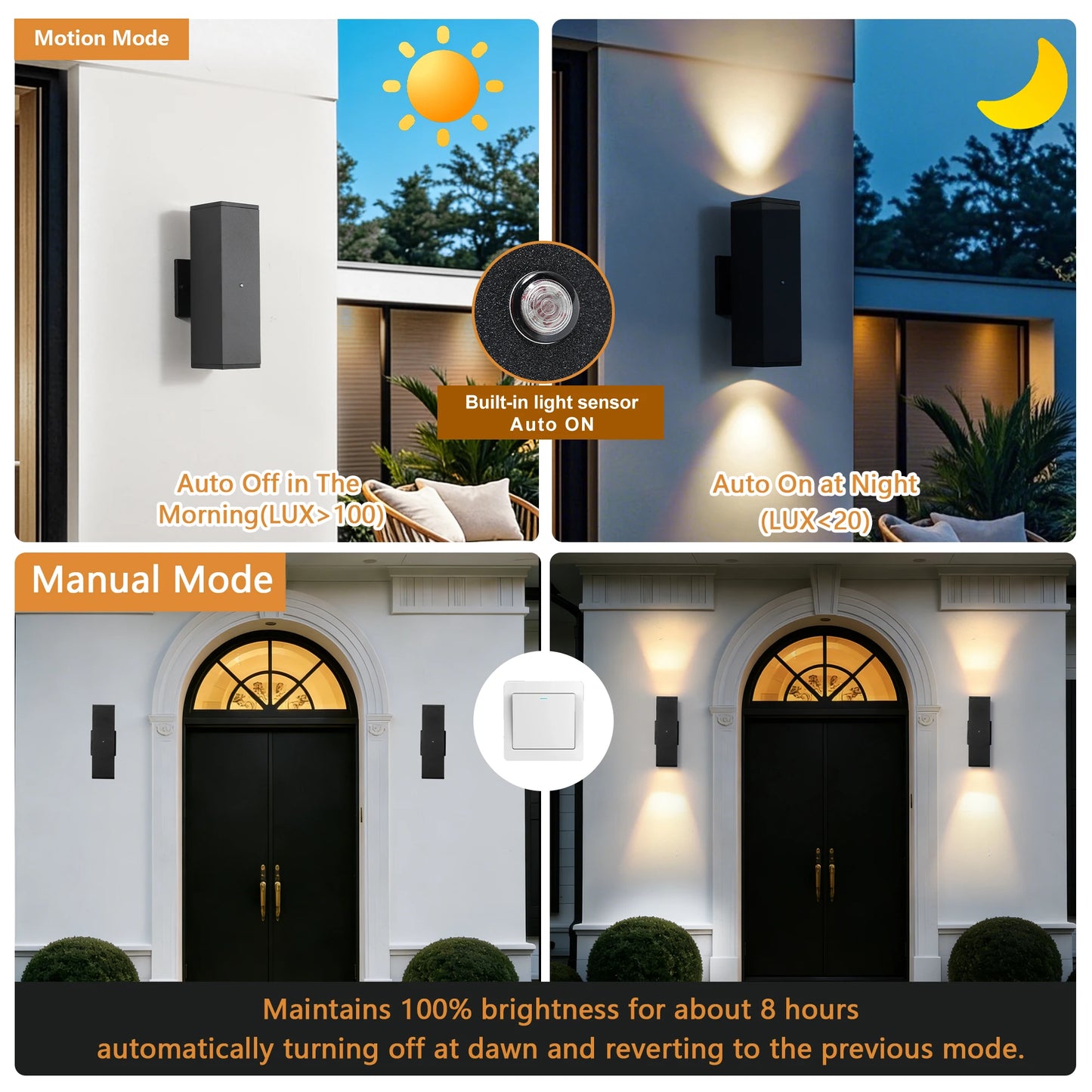 Motion Sensor Outdoor Wall Lights 2 Pack, Matte Black Aluminum Up Down LED Sconce, Dusk to Dawn Waterproof Exterior Light