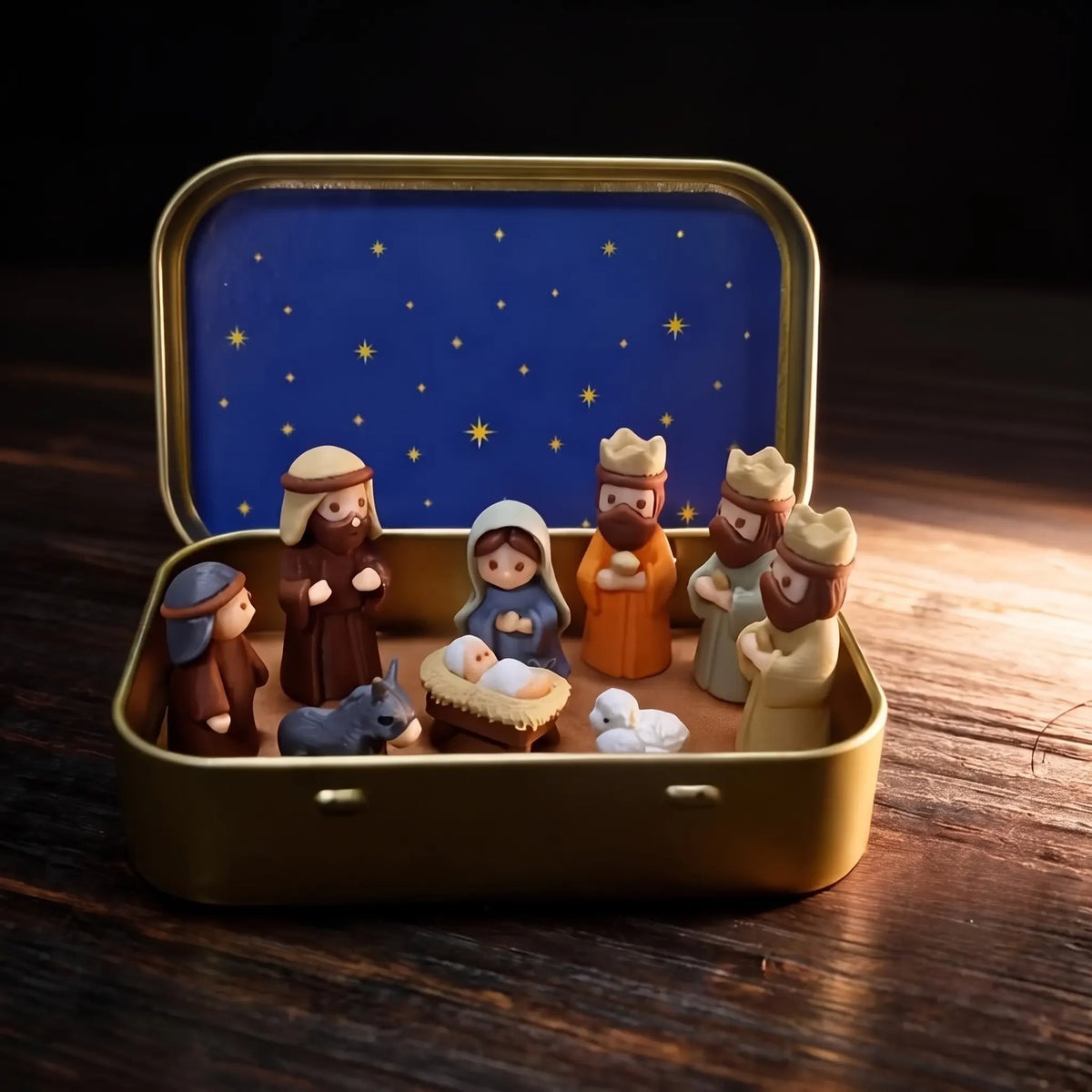 1 Set Mini Handmade Christmas Nativity Scene Figurine Set, portable box design featuring Mary, shepherd and animal figures with hand-painted details, holiday decoration, Ornaments and collectible gift for Christmas, Easter an