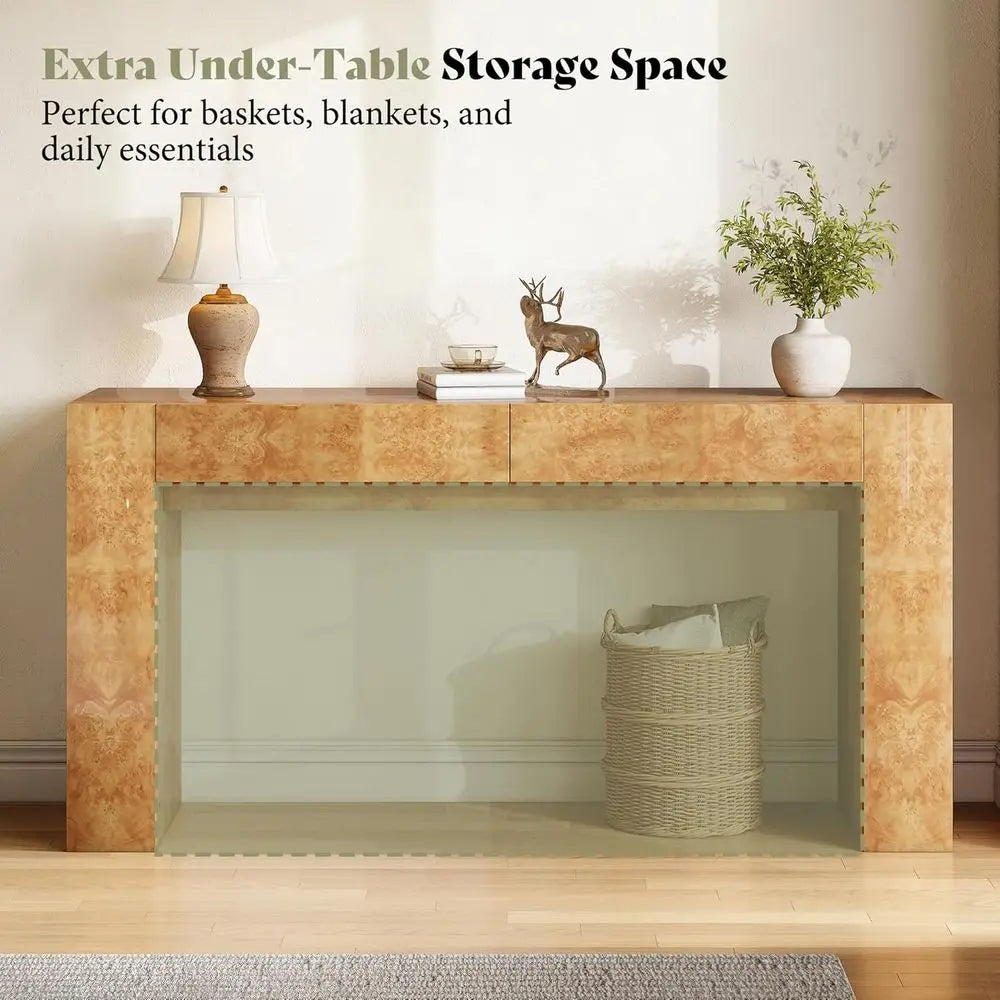 63 Modern Burl Wood Entry Table with 2 Drawers, Ideal for Sofa Back or Foyer, Suitable for Hallway and Living Room, Natural Fini