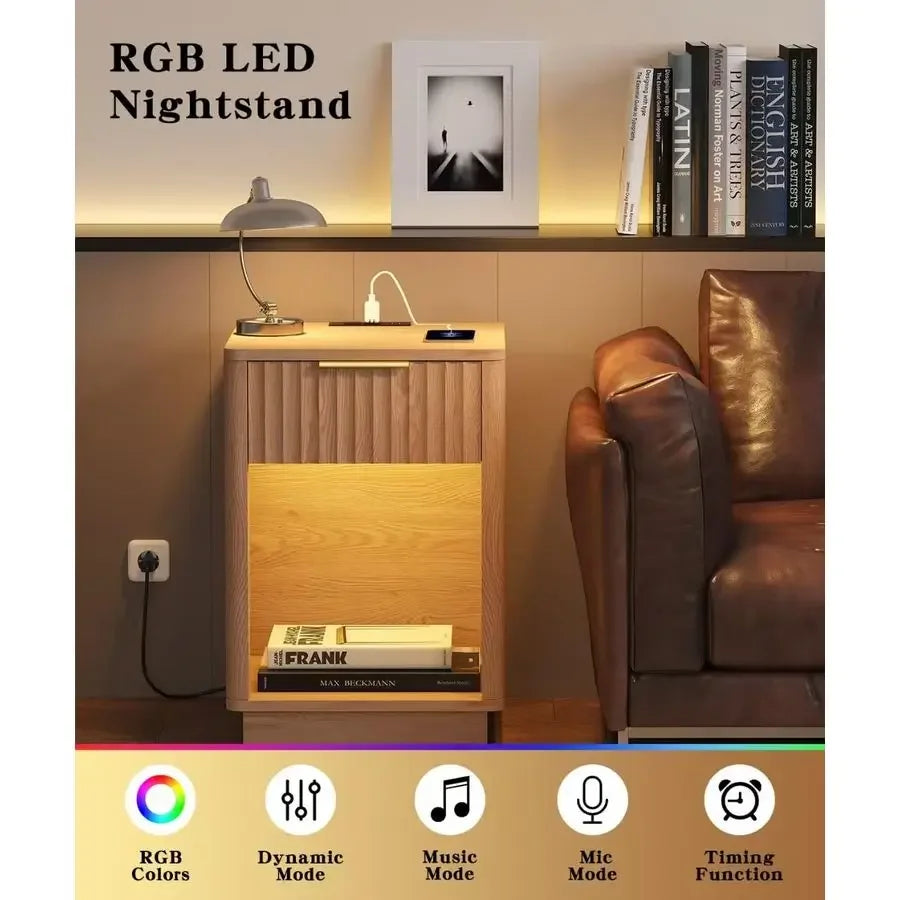 Nightstands Set of 2, Wooden Night Stand with Charging Station and LED Light, Modern Mid Century Bed Side End Table with Drawer