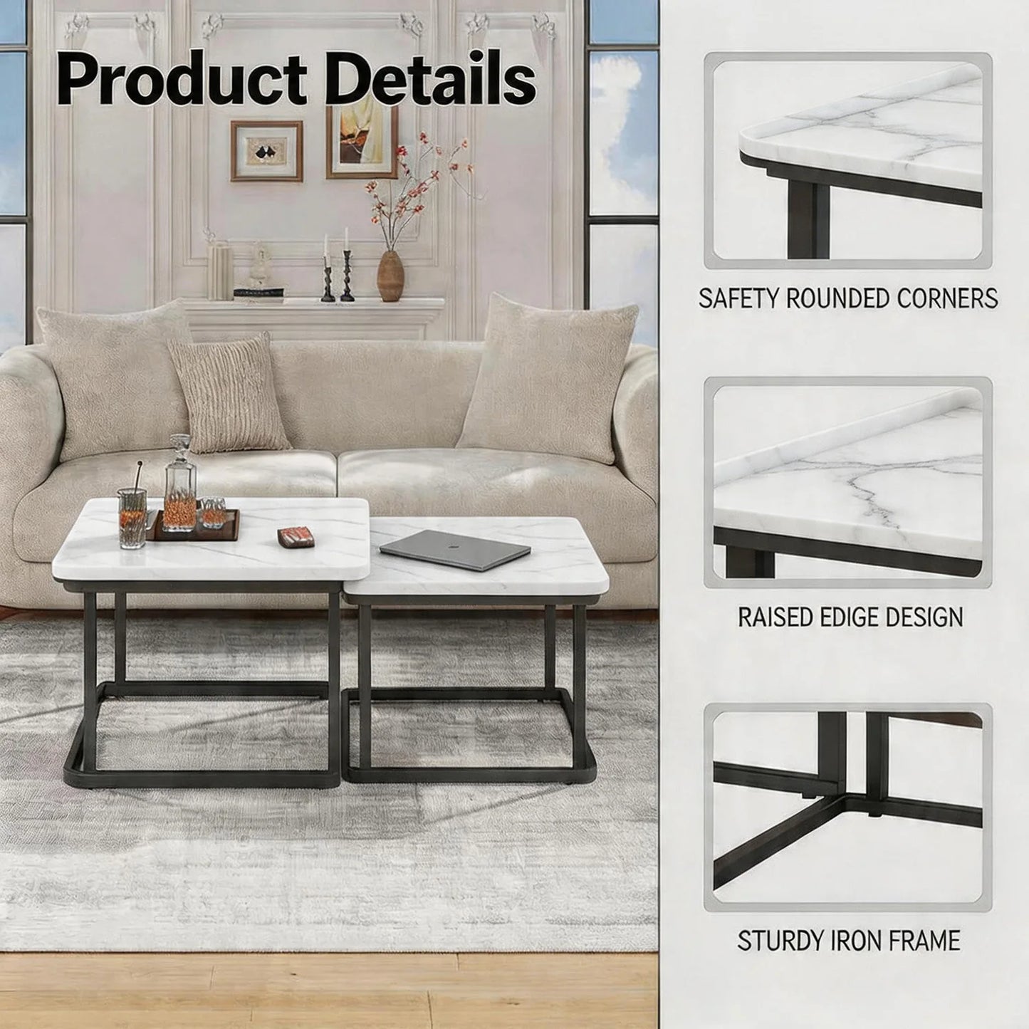 Square Nesting Coffee Tables Set Of 2, Space Saving Small End Table Set For Living Room Bedroom Balcony, Fluted Side Tables Set
