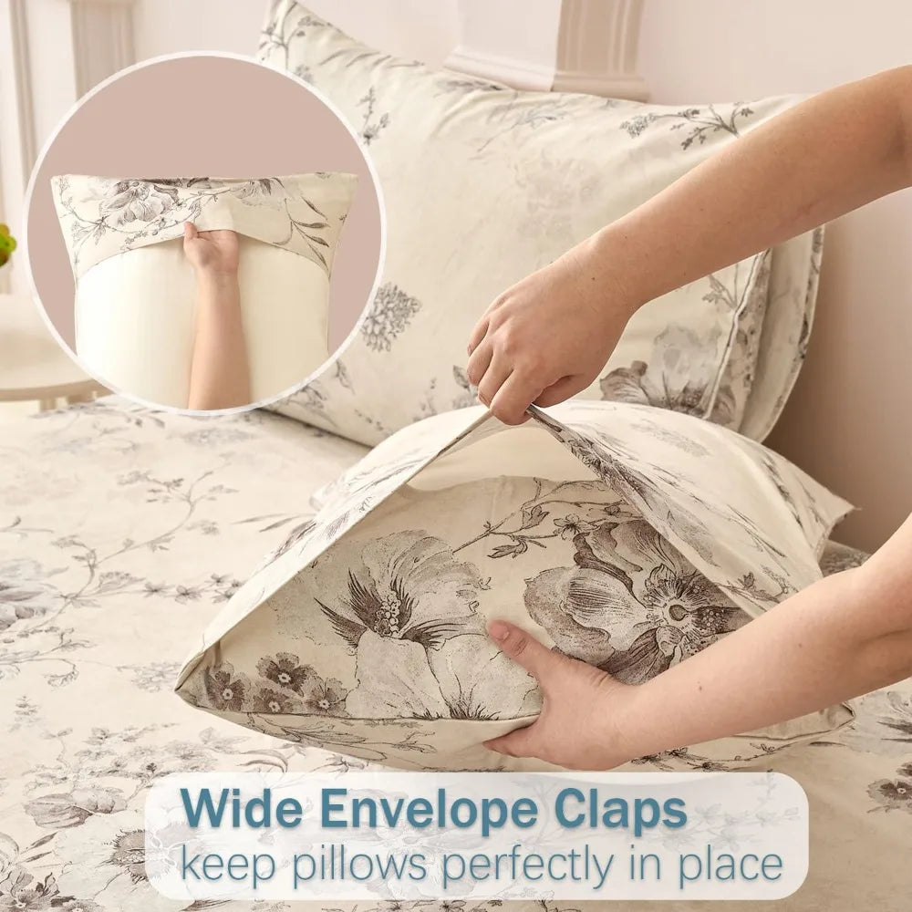 Beige Queen Sheet Set 100% Cotton Flannel-Like Warm Luxury Peony Toile Floral Bed Sheets 4Pc Deep Pocket 17.5", Double Brushed Extra Soft Breathable, Fall/Winter French Country Bedding