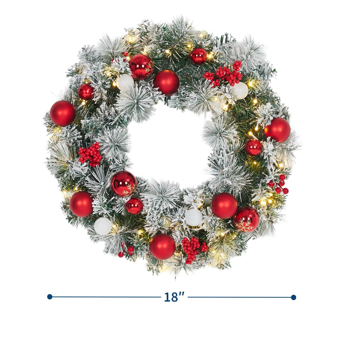 18/22/24in Pre-Lit Flocked Christmas Wreath With Red Ornaments Berries, Battery Warm White Led Snowy Pine Door Wall Mantel Decor