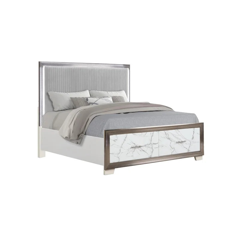 White & Marble 5-Piece Bedroom Set with LED Bed, Storage Footboard, Dresser, Mirror, Nightstand, Chest, Metallic Finish