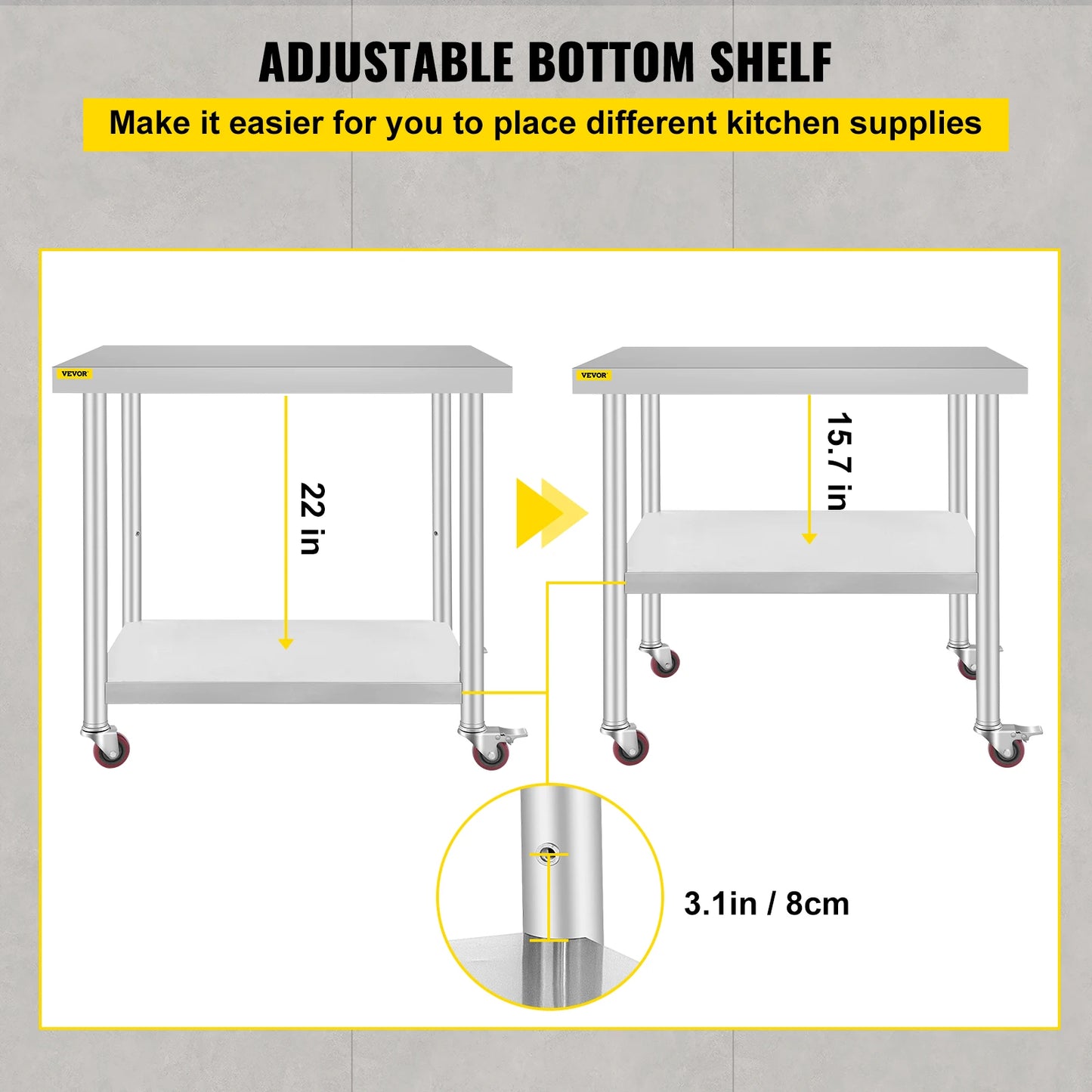 SucceBuy Stainless Steel Kitchen Prep Table With 4 Caster Wheels & Backsplash Loads Up to 100-300KG for Home Storage Rack Dining