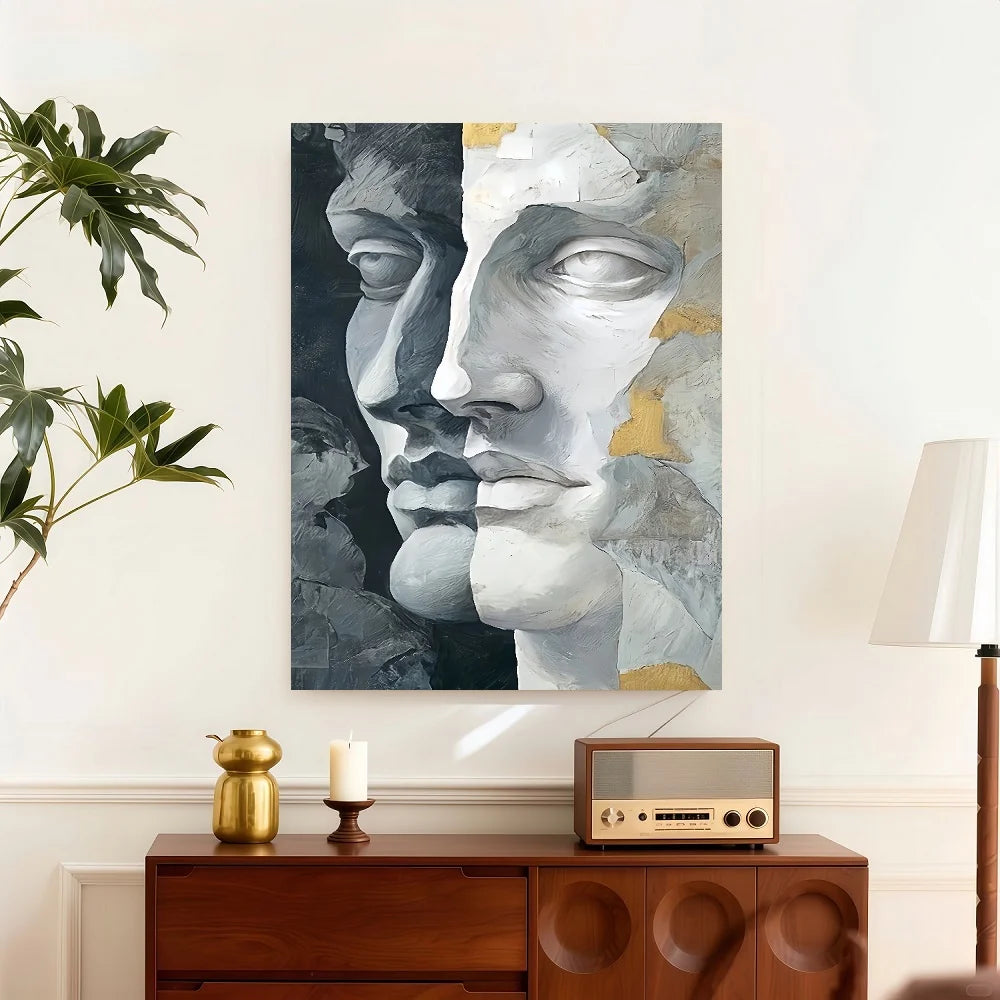 Framed Flat, 1pc Modern Minimalist Abstract Face Wall Art - Black & White Framed Canvas Suitable For Home Decor, Office, - Wrap-