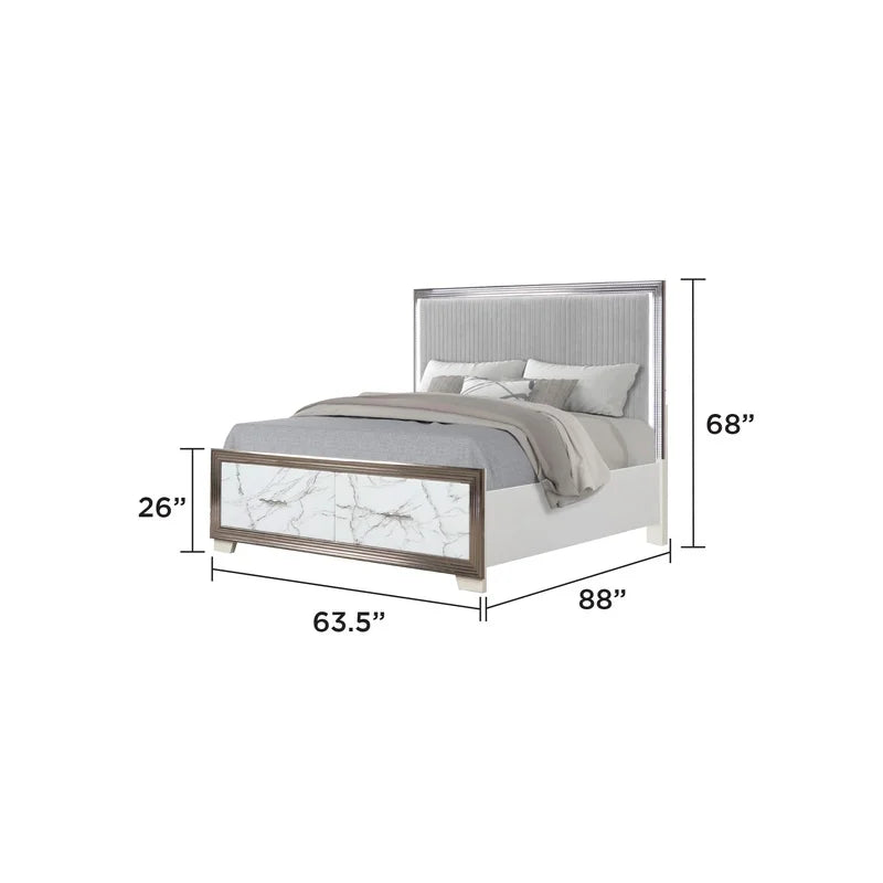 White & Marble 5-Piece Bedroom Set with LED Bed, Storage Footboard, Dresser, Mirror, Nightstand, Chest, Metallic Finish