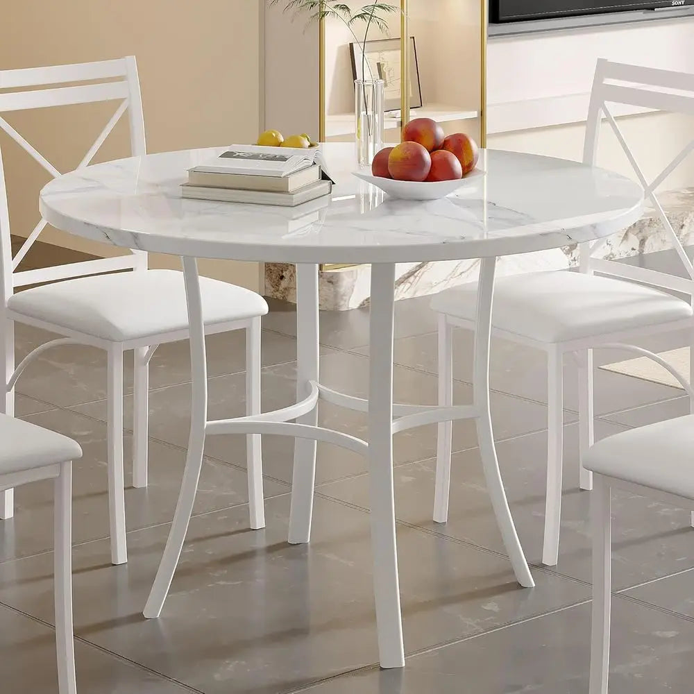36" Round Dining Table or 4, aux Marble Dinette with Metal e or Kitchen, Aparent, Home, Space-Saving, O White